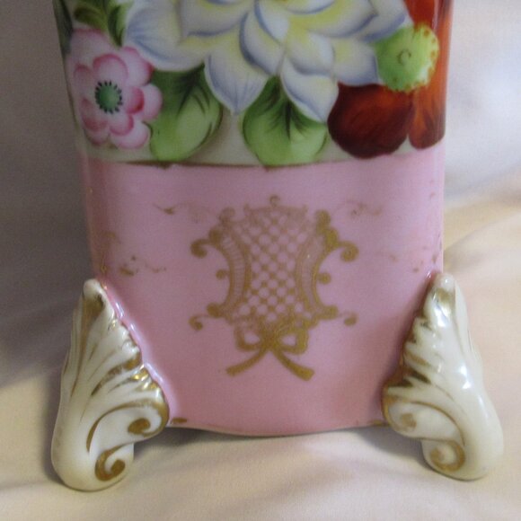 Vintage Noritake Wreath M Mark 4 Toed Vase Hand Painted Floral Pink & Gold J489 - Picture 5 of 10